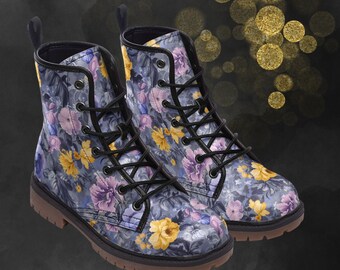 Purple Vintage Flowers Leather Boots, Floral Painted Shoes For Spring Summer Fall Winter, Unique Flower Art Combat Boots & Festival Footwear