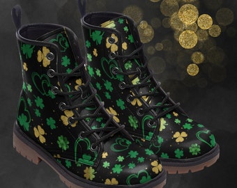 St. Patricks Day Combat Boots, Casual Unisex Shamrock Painted Shoes & Festival Footwear For Spring Summer Fall Winter, Faux Leather Boots