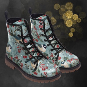 Winter Birds Leather Boots: Christmas Snow Theme Light Boots, XMas Ornaments Bird Painted Shoes & Festival Footwear for your Signature Look
