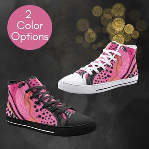 Abstract Pink Unisex High Top Canvas Shoes, Pink Unisex Shoes, Canvas High Top Shoes, Pink High Tops Canvas Shoes, Pink Casual Painted Shoes