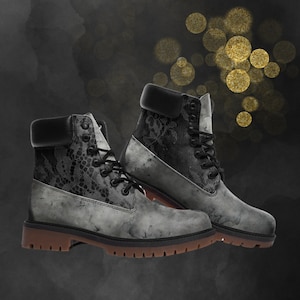 Vintage Grey Grunge Black Lace Look Combat Boots, Casual Unisex Painted Shoes & Faux Leather Festival Footwear for Spring Summer Fall Winter
