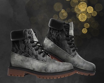 Vintage Grey Grunge Black Lace Look Combat Boots, Casual Unisex Painted Shoes & Faux Leather Festival Footwear for Spring Summer Fall Winter