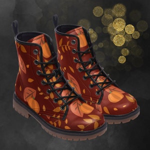 Fall Pumpkin Leather Boots: Floral Red Brown Orange Light Winter Boots, Autumn Leaves Painted Shoes & Festival Footwear for a Signature Look
