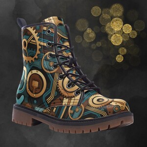 May include: A pair of black and brown boots with a steampunk design. The boots feature a variety of gears and other mechanical elements.