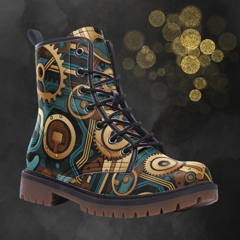 May include: A pair of black and brown boots with a steampunk design. The boots feature a variety of gears and other mechanical elements.