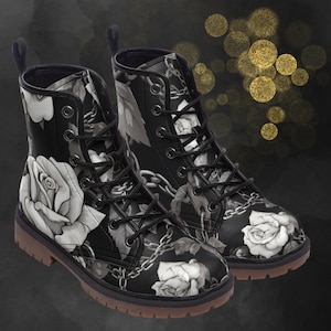 Roses Chain Leather Boots: Black & White Spring Summer Fall Winter Boots, Rose Painted Goth Shoes a. Festival Footwear for a Signature Look