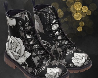 Leren laarzen met rozenketting: Zwart-wit Lente Zomer Herfst Winterlaarzen, Rose Painted Goth-schoenen Festivalschoenen voor een kenmerkende look