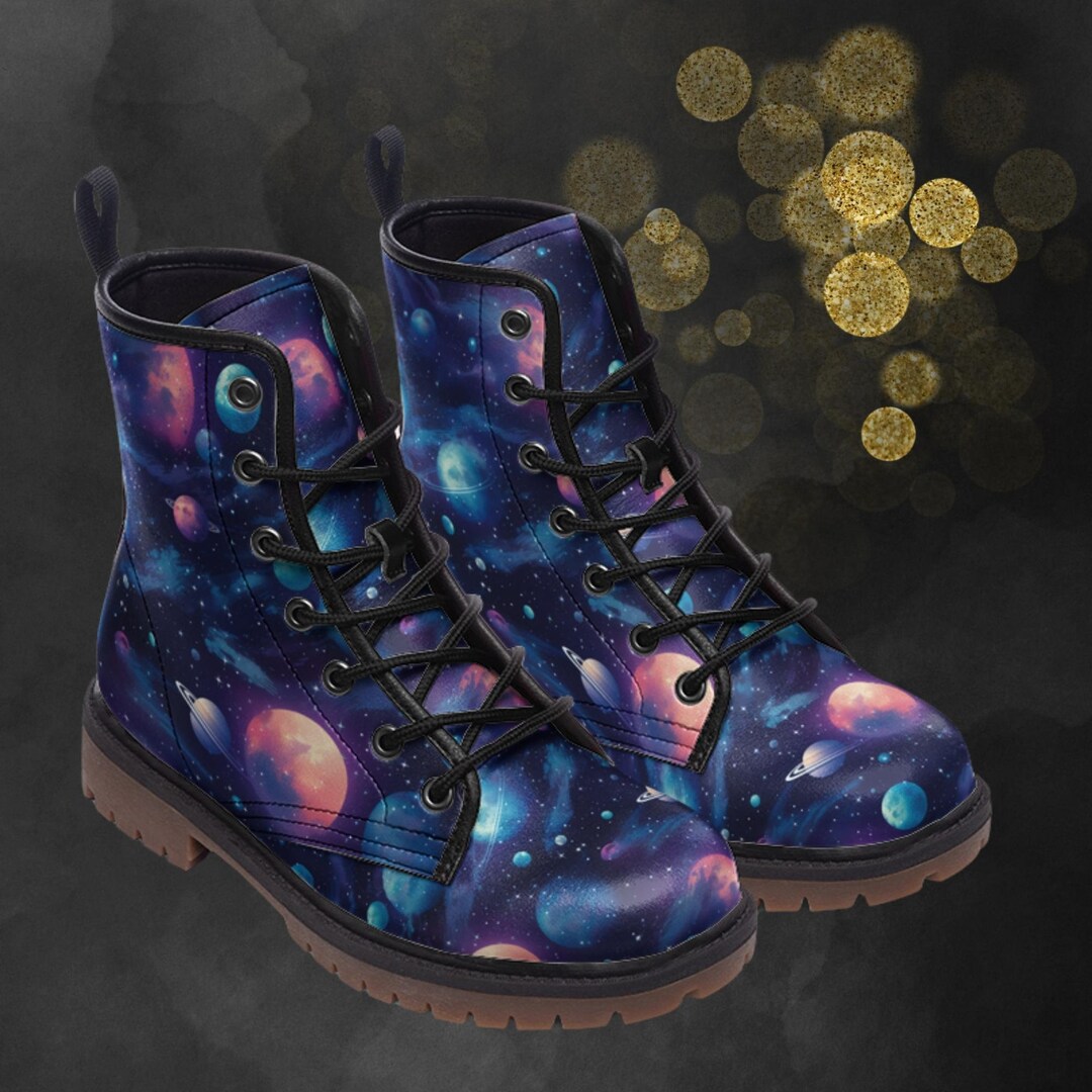 Astronaut Space Pattern Print Men Women Leather Boots