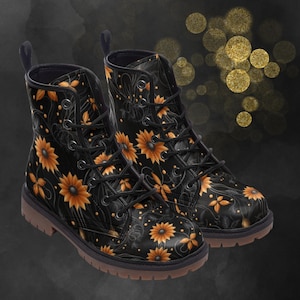 Tiny Sunflower Leather Boots: Floral Spring Summer Fall Winter Boots, Flowers Painted Punk Shoes & Festival Footwear for your Signature Look