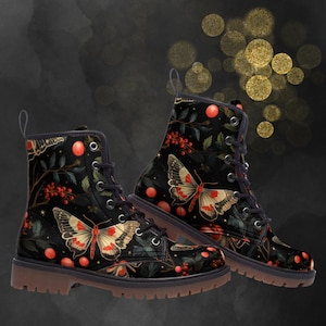 Moth & Cranberries Combat Boots, Unisex Forest Witch Painted Shoes, Gothic Festival Footwear, Spring Summer Fall Winter Faux Leather Boots