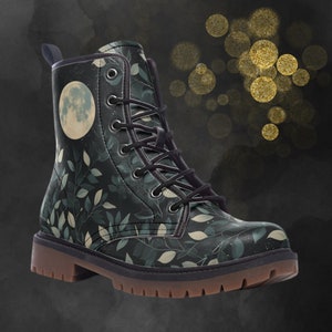 Mystic Full Moon Leather Boots, Floral Leaf Painted Shoes For Spring Summer Fall Winter, Green Witch Combat Boots & Gothic Festival Footwear