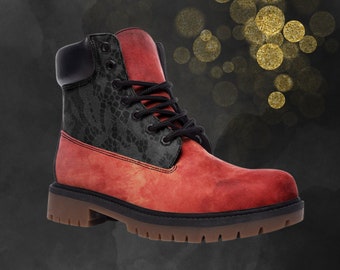 Red Grunge Vintage Black Lace Look Combat Boots, Casual Unisex Painted Shoes & Faux Leather Festival Footwear for Spring Summer Fall Winter