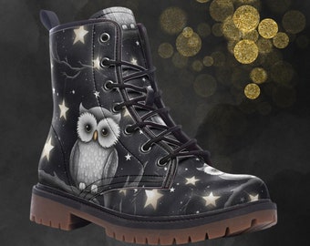 Gothic Emo Owl Combat Boots, Unisex Night Stars Painted Shoes, Witchy Festival Footwear For Spring Summer Fall Winter, Faux Leather Boots