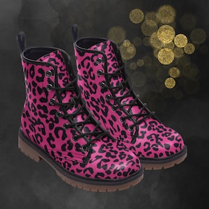 Pink Leopard Leather Boots: Light Spring Summer Fall Winter Boots, Animal Painted Punk Shoes and Festival Footwear for Your Signature Look