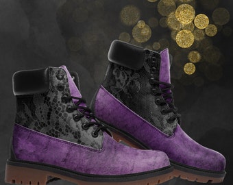 Vintage Purple Black Lace Look Combat Boots, Casual Unisex Painted Shoes & Faux Leather Festival Footwear for Spring Summer Fall Winter