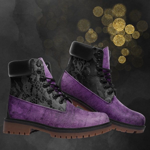 Vintage Purple Black Lace Look Combat Boots, Casual Unisex Painted Shoes & Faux Leather Festival Footwear for Spring Summer Fall Winter