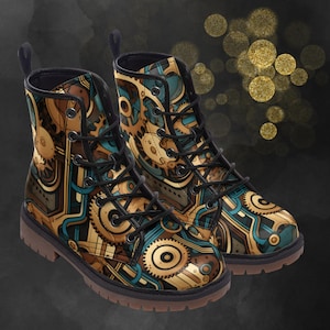 Steampunk Casual Leather Boots, Mechanic Painted Unisex Shoes, Festival Footwear & Combat Boots, Unique Gift For Spring Summer Fall Winter image 1