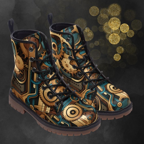 Steampunk Casual Leather Boots, Mechanic Painted Unisex Shoes, Festival Footwear & Combat Boots, Unique Gift For Spring Summer Fall Winter