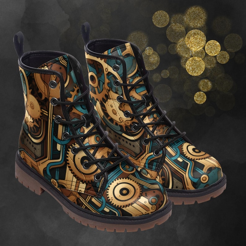 Steampunk Casual Leather Boots, Mechanic Painted Unisex Shoes, Festival Footwear & Combat Boots, Unique Gift For Spring Summer Fall Winter image 1