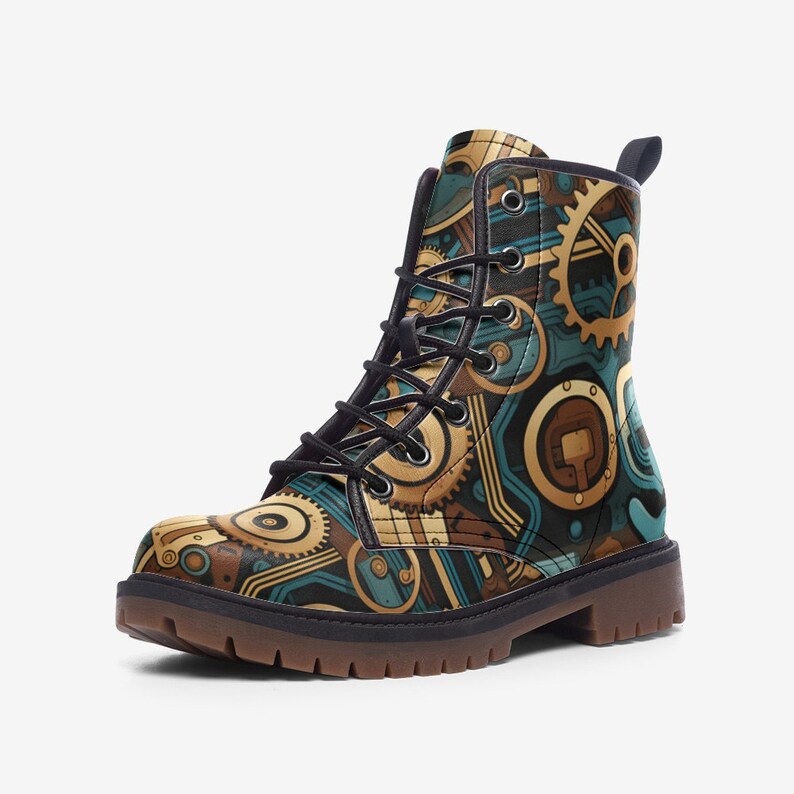Steampunk Casual Leather Boots, Mechanic Painted Unisex Shoes, Festival Footwear & Combat Boots, Unique Gift For Spring Summer Fall Winter image 8