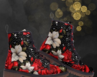 Red Roses & White Blossoms Combat Boots, Floral Painted Unisex Shoes, Gothic Emo Festival Footwear, Spring Summer Fall Winter Leather Boots