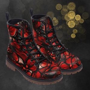 Stivali in pelle con fiori graffiti: scarpe dipinte in stile gotico floreale rosso, stivali primavera estate autunno inverno e calzature da festival per un look esclusivo