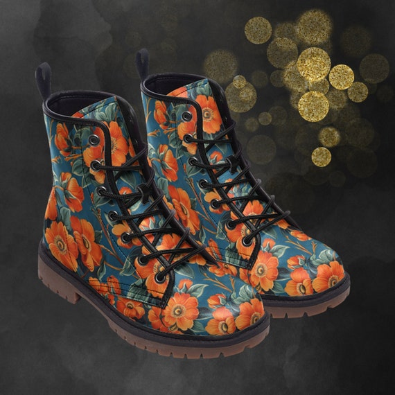 Bright Orange Flowers Leather Boots Floral Painted Shoes for Spring Summer Fall Winter Unique Flower Art Combat Boots Festival Footwear Etsy UK