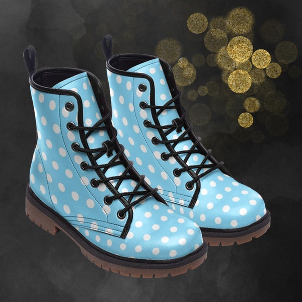 Baby Blue Polkadots Boots: Light Spring Summer Fall Winter Leather Boots, Dot Painted Emo Shoes & Festival Footwear for Your Signature Look