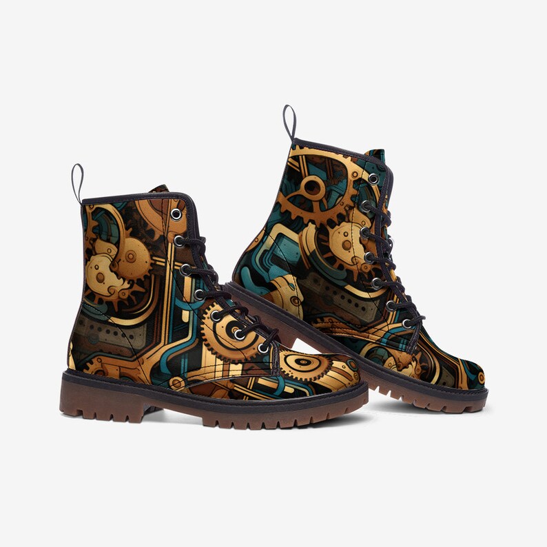 Steampunk Casual Leather Boots, Mechanic Painted Unisex Shoes, Festival Footwear & Combat Boots, Unique Gift For Spring Summer Fall Winter image 9