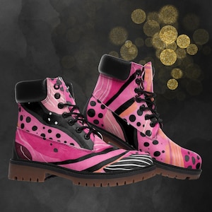 Abstract Pink Combat Boots, Casual Unisex Dots Painted Shoes & Unique Art Faux Leather Festival Footwear, Gift for Spring Summer Fall Winter