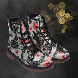 Skull Raven Poppy Flower Combat Boots, Casual Unisex Gothic Skulls Painted Shoes, Faux Leather Festival Footwear, Spring Summer Fall Winter
