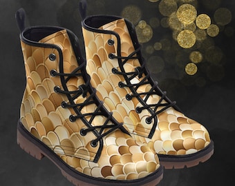 Golden Fish Skin Combat Boots, Unisex Gold Beige Painted Shoes & Unique Festival Footwear For Spring Summer Fall Winter, Faux Leather Boots