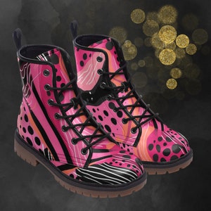 Abstract Pink Combat Boots, Casual Unisex Dotted Art Painted Shoes, Pink Faux Leather Festival Footwear, Gift for Spring Summer Fall Winter