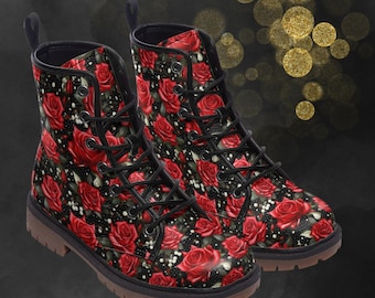 Red Roses Combat Boots, Unisex Floral Gothic Rose Painted Shoes & Flower Festival Footwear For Spring Summer Fall Winter, Faux Leather Boots