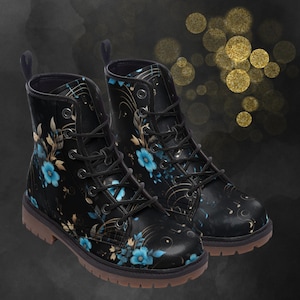 Blue Blossom Leather Boots: Floral Music Notes Light Spring Summer Fall Winter Boots, Painted Shoes & Festival Footwear for a Signature Look