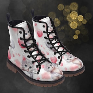 Cute Kitten Leather Boots: Light Spring Summer Fall Winter Boots, Cat & Hearts Painted Shoes and Festival Footwear for Your Signature Look