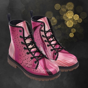 Pink & Black Dots Combat Boots, Casual Unisex Abstract Art Painted Shoes, Faux Leather Festival Footwear, Gift for Spring Summer Fall Winter