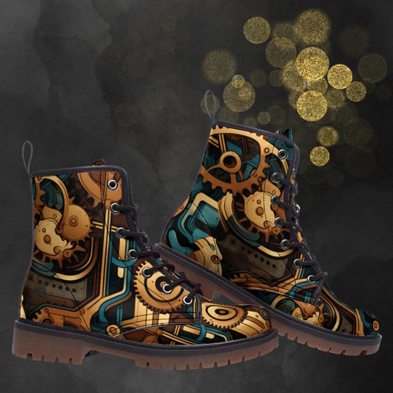 Steampunk Casual Leather Boots, Mechanic Painted Unisex Shoes, Festival Footwear & Combat Boots, Unique Gift For Spring Summer Fall Winter image 3