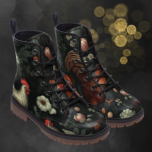 Cottagecore kippenleren laarzen: lichte winterlaarzen met bloemen, geschilderde schoenen met haan en bloemen en festivalschoenen voor uw kenmerkende look