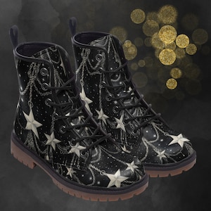 White Stars & Silver Chains Light Leather Boots, Unique Spring Summer Fall Winter Painted Shoes, Unisex Festival Gothic Punk Emo Footwear