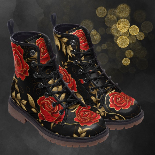 Red Roses & Golden Leafs Painted Shoes, Unisex Spring Summer Fall Winter Light Leather Gothic Boots, Floral Festival Footwear, Unique Boots
