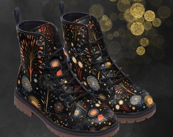 Firework Flowers Leather Boots, Fireworks Painted Unisex Shoes, Floral Festival & Party Footwear, Combat Boots For Spring Summer Fall Winter