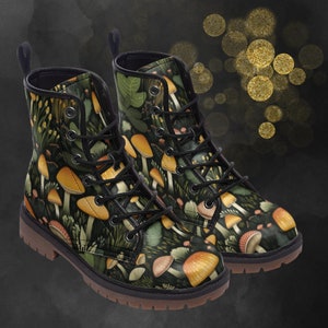 Wild Mushrooms Leather Boots: Cottagecore Fall Winter Light Boots, Forest Mushrooms Painted Shoes & Festival Footwear for a Signature Look