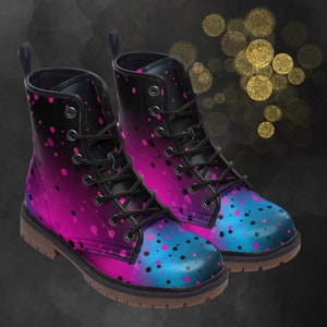 Dotted Pink Blue Ombre Combat Boots, Unisex Casual Confetti Painted Shoes, Colored Faux Leather Festival Footwear, Spring Summer Fall Winter