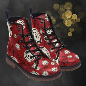 Red Minimal Flower Boots: Spring Summer Fall Winter Leather Boots, Abstract Floral Painted Shoes & Festival Footwear for a Signature Look
