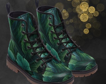 Green Plants Combat Boots, Unisex Green Leafs Painted Shoes & Nature Festival Footwear For Spring Summer Fall Winter, Faux Leather Boots