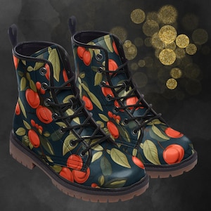 Cherry Leafs Leather Boots: Floral Friut Spring Summer Light Boots, Cherries Painted Shoes and Festival Footwear for Your Signature Look