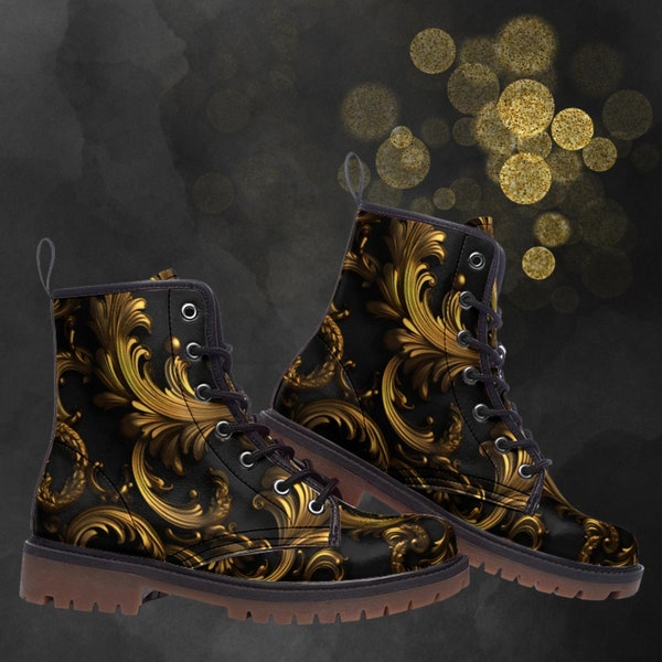 Antique Gold Ornament Combat Boots, Unisex Floral Painted Shoes & Festival Footwear For Spring Summer Fall Winter, Vegan Faux Leather Boots