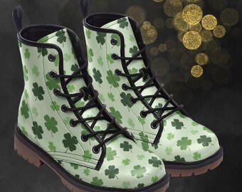 St. Patricks Day Cloverleaf Combat Boots, Unisex Shamrock Painted Shoes & Festival Footwear For Spring Summer Fall Winter Faux Leather Boots