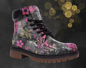 Pink Flower Grunge Boots, Casual Leather Lightweight Boots, Grunge Pink Boots, Festival Footwear, Floral Boots Shoes, Pink Flower Punk Boots